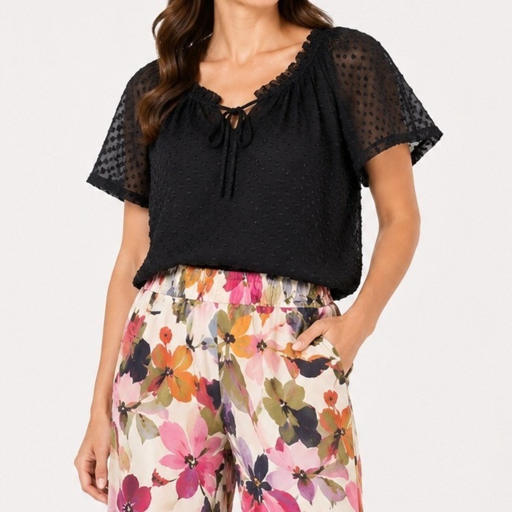 BYdesign Swiss Dot Blouse Women Size S Black Ruffle Neck Boho Career Top